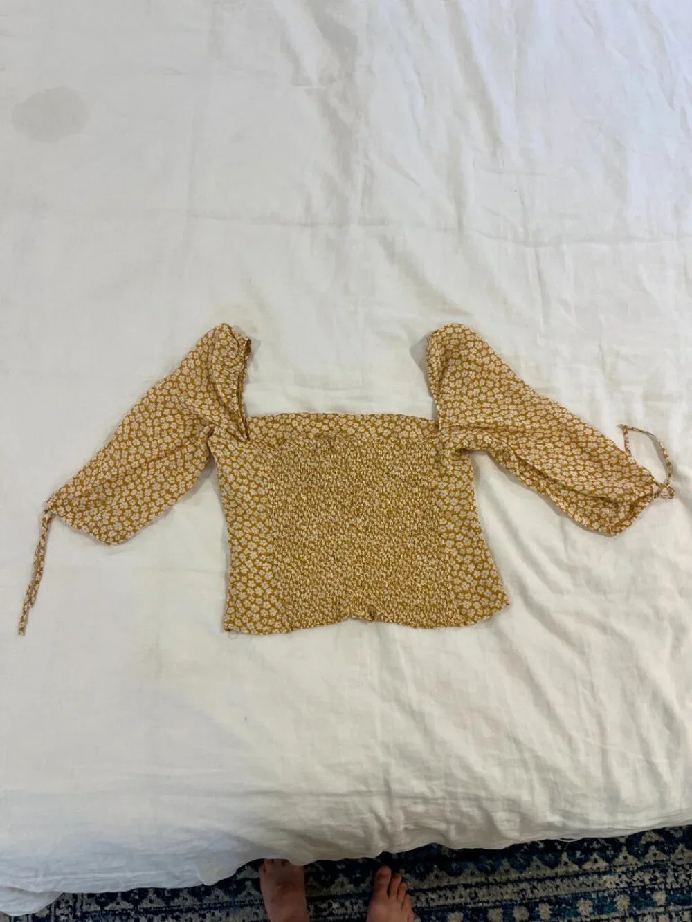 Reformation Floral Puff Sleeve Square Neck Top Size 12 Yellow White
